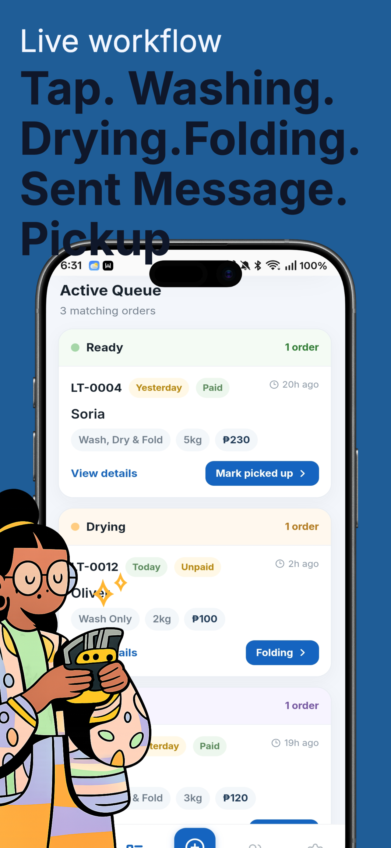 Live queue workflow — track orders from washing to pickup