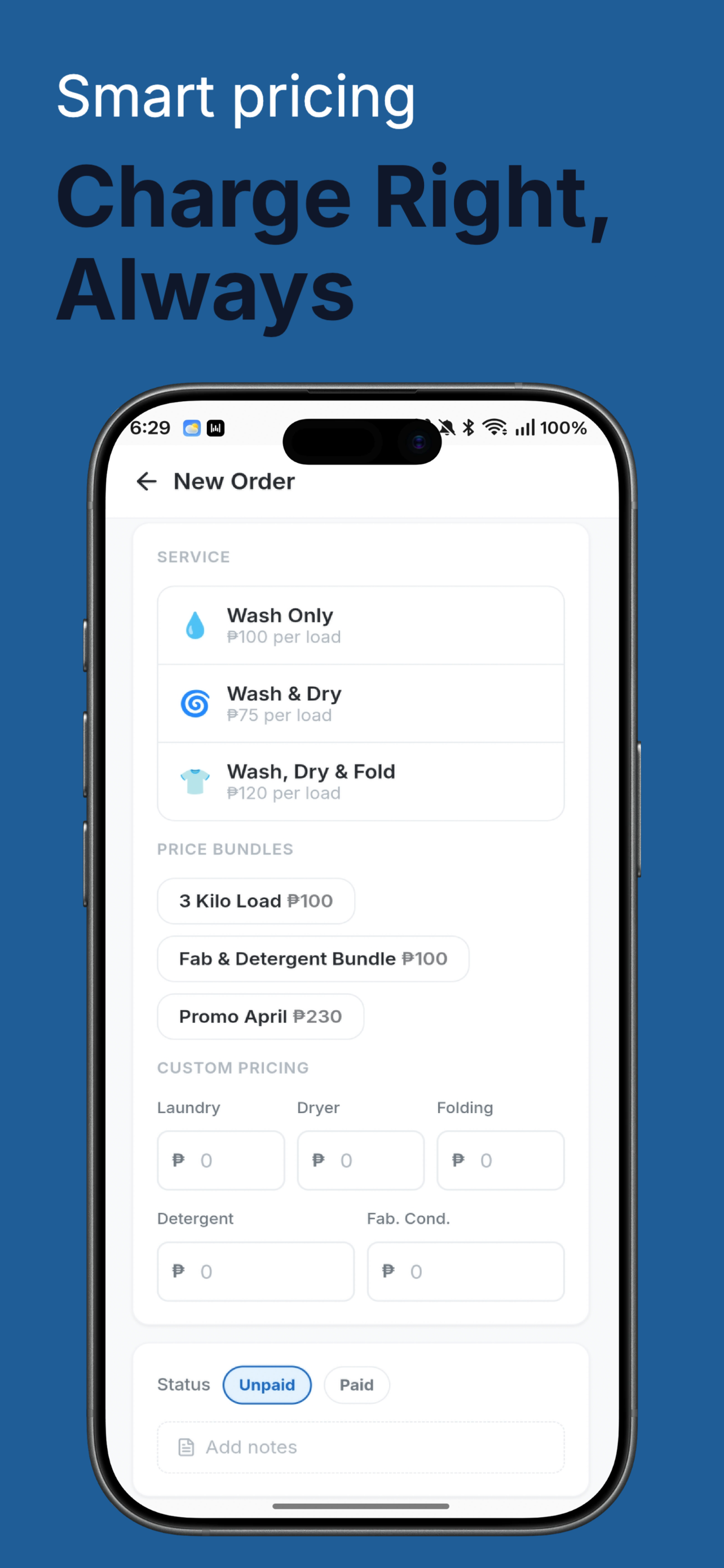 Smart pricing — service types, bundles, and custom pricing