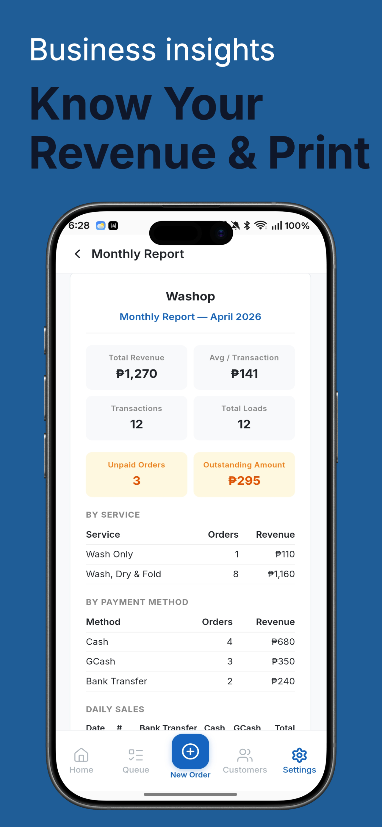 Monthly reports — revenue, transactions, and payment breakdowns
